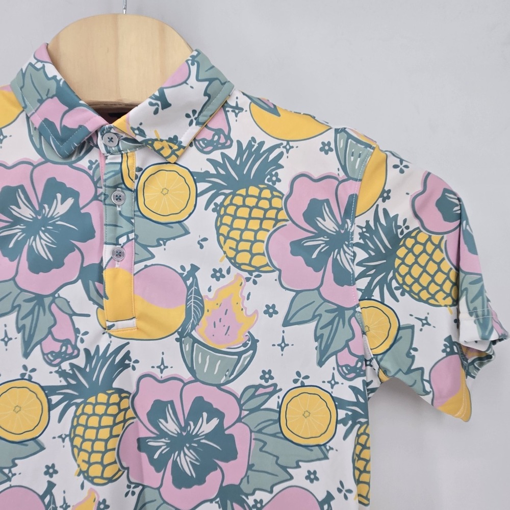 Swannies Golf Polo Mens Small Twisted Tiki Kibby Tropical Pineapple Stretch Prep